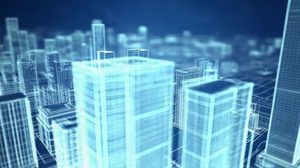 Wall Mural - futuristic wireframe cityscape glowing on dark blue background