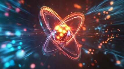 Wall Mural - Glowing atom particle rotating with electrons in space