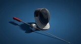 Fencing helmet, gloves and foil on blue