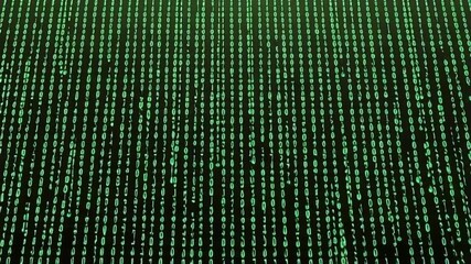 Abstract digital rain of glowing green binary code flowing downwards in a dark futuristic cyberspace.
