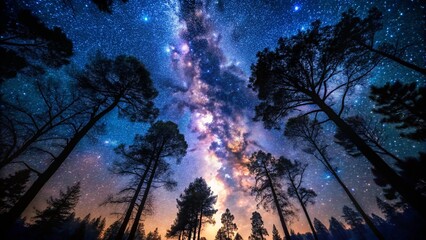 Wall Mural - night sky view through silhouetted trees