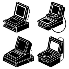 Four black and white isometric illustrations of vintage computer consoles with screens and buttons displayed