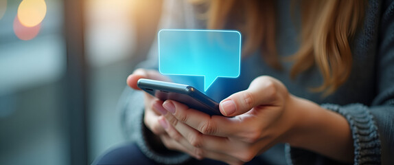 Closeup of a Woman's Hand Holding a Smartphone: Emphasizing Social Networking and Real-Time Messaging Communication in Digital Interactions - Photo Stock Concept with Empty Space for Customization