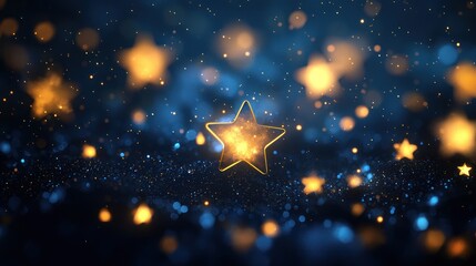 Golden star glowing, dark blue bokeh background, night sky, festive celebration