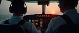 Pilot Adjusting Controls in Small Aircraft Cockpit as Runway Lights Emerge Through Morning Fog - High-Resolution Stock Photo with Empty Space for Text