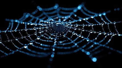 Dew-covered spiderweb at night, bokeh background, nature macro photography, website header
