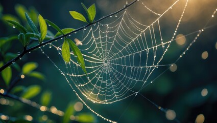 Deer web with dew drops on the branch and leaves in morning sunlight. Nature and arachnid spider webs. The concept of delicate and intricate structures in natural environments.