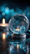 © Olena - Minimalistic snow globe hologram above black reflective surface glowing softly