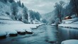 © Sona - Snow-covered river landscape with trees and a small cabin in a wintery forest setting