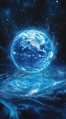 glowing blue earth floating in cosmic water with shimmering lights in a dark background