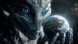Un alienígena con ojos azules sostiene un pequeño planeta en su mano.
