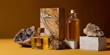 Composición artística de aceites esenciales, rocas y texturas naturales.