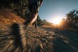 © los3amigos - Un corredor se abre paso a través de un paisaje bañado por el sol naciente, capturado con una técnica de desenfoque de movimiento que enfatiza la velocidad y la energía.