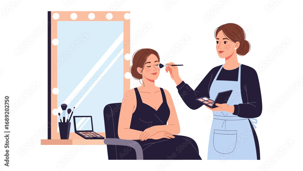 Professional makeup artist applying cosmetics to a client in a well lit dressing room with a large mirror