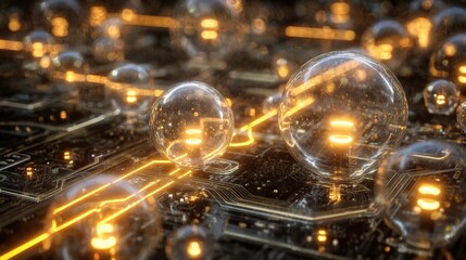 Global network communication with luminous orbs on technology circuit background
