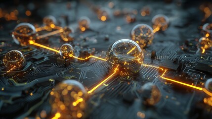 Global network communication with luminous orbs on technology circuit background