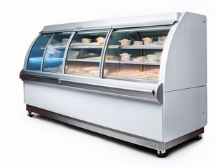 white commercial ice cream display freezer with transparent lid on white background