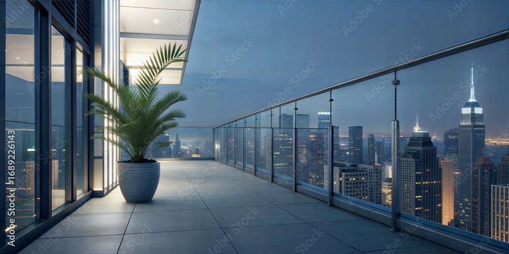 A modern rooftop with a sleek glass railing, a minimalist outdoor dining area, and a stunning city view