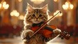 © Miftakul - A talented tabby cat in a bow tie plays the violin in a grand concert hall, a whimsical musical performance