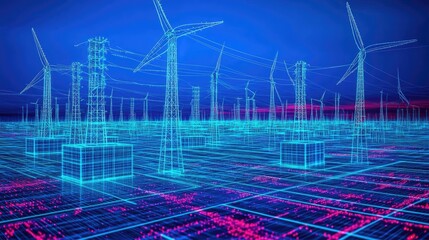 Cybernetic Wind Farm: Neon Grid Landscape with Turbine Silhouettes and Data Cubes