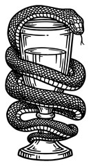 Wall Mural - snake coiling around a grail with liquid black and white outline line art drawing detailed vintage e