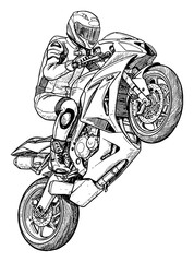 Wall Mural - dynamic motorcyclist in leather suit on sportbike performing a wheelie black and white outline line 