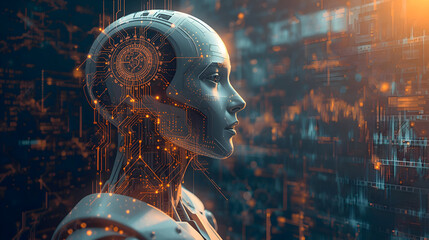 Advanced female android thoughtfully observes vibrant futuristic digital network, glowing circuits illuminating intricate design. Intelligent AI concept embodies innovation and future