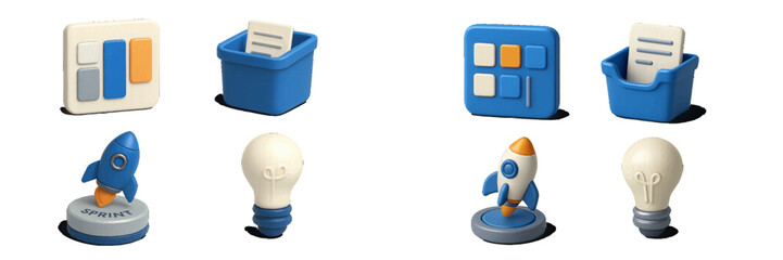 Modern 3D icons for business and technology representing agile sprint, kanban board, backlog management, and lightbulb idea symbols for user interface design