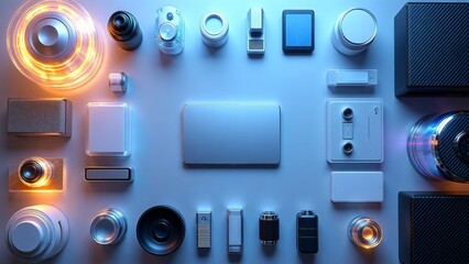 An organized flat lay of futuristic electronic components and modular gadgets, an abstract digital synthesis representing the future of high-tech innovation and cybernetic engineering