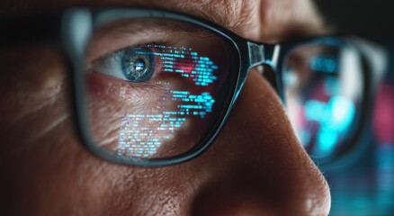 Close up of man in glasses with computer code reflected in lens. Concept of cybersecurity, programming, hacking, software development, data analysis, artificial intelligence, and digital future.