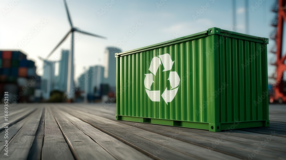 Sustainable green shipping container with recycling symbol at urban ...