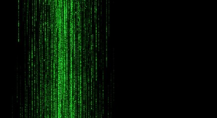 Abstract futuristic background with cascading green lines of light, symbolizing the flow of digital data, information technology, and virtual code