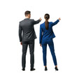 © Mey - Two business professionals standing and pointing towards a digital screen.