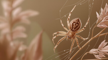 Spider on Web: A detailed macro shot of a spider, delicately suspended within its intricate web. Capturing a moment of nature's craftsmanship.
