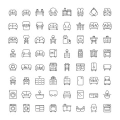  Home Interior and Furniture Icon Set – Modern House Decoration and Room Vector Pack.Includes sofa, armchair, bed, dining table, wardrobe, bookshelf, lamps, bathtub, kitchen, and living room accessorie