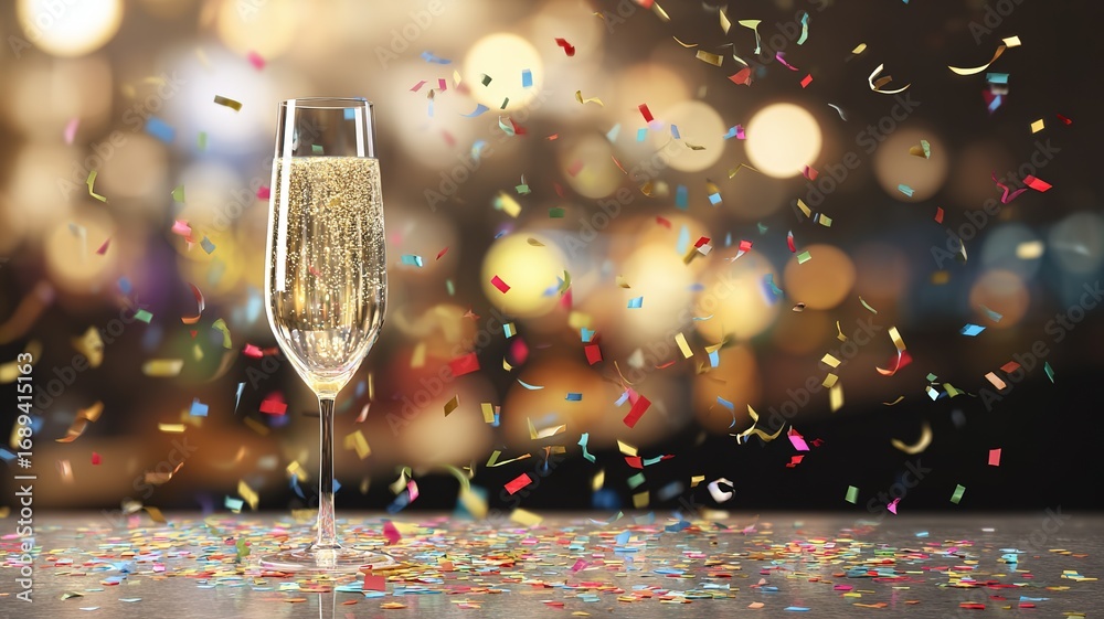 Celebration scene champagne glass foreground colorful lights confetti, warm ambient glow