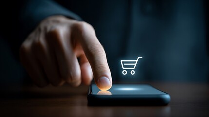 Person Using Smartphone with Shopping Cart Icon Hovering Above in Dark Environment