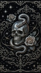 Wall Mural - Gothic skull, snake, roses, ornate.