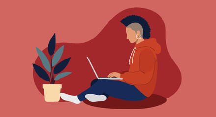 Modern person with a mohawk working remotely on a laptop, embodying creativity and focused productivity. Ideal for digital lifestyle, tech, and freelance concepts.
