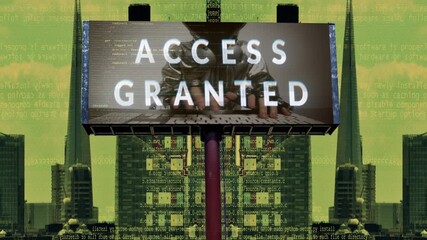city with overlayed code and data and billboard with Hacker man typing