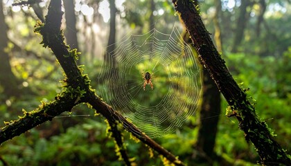 Spider suspended in a delicate web between tree branches, surrounded by green foliage and sunlit bokeh, showcasing intricate natural design and quiet tension.
