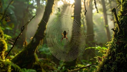 Spider suspended in a delicate web between tree branches, surrounded by green foliage and sunlit bokeh, showcasing intricate natural design and quiet tension.