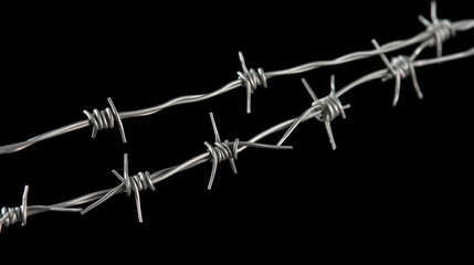 Barbed wire strand presented against a stark black backdrop, offering a dangerous yet compelling metallic texture, transparent background