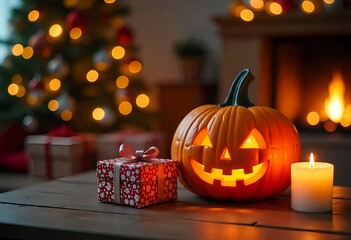 Wall Mural - A decorated Christmas interior scene with a carved pumpkin, presents, and a lit Christmas tree in the background.