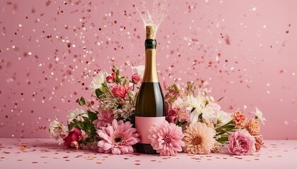 Wall Mural - a celebratory champagne bottle pops amidst a vibrant arrangement of pink and white flowers and scattered confetti on a soft pink background.