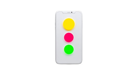 Yellow, pink, and green round buttons arranged vertically on white smartphone, resembling traffic light, isolated on transparency background, playful concept