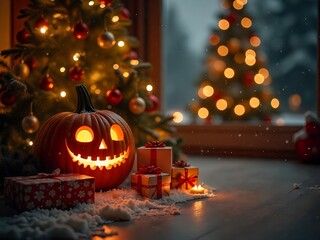 Wall Mural - Cozy Christmas living room decorated with glowing carved pumpkin, gift boxes, and illuminated Christmas tree in the background
