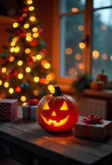 Wall Mural - Cozy Christmas living room decorated with glowing carved pumpkin, gift boxes, and illuminated Christmas tree in the background