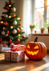Wall Mural - Cozy Christmas living room decorated with glowing carved pumpkin, gift boxes, and illuminated Christmas tree in the background