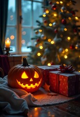 Wall Mural - Cozy Christmas living room decorated with glowing carved pumpkin, gift boxes, and illuminated Christmas tree in the background